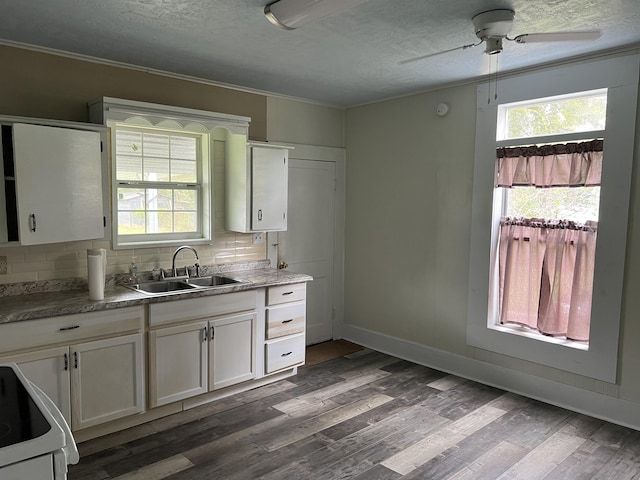 kitchen featuring stove, white cabinetry, a wealth of natural light, and sink