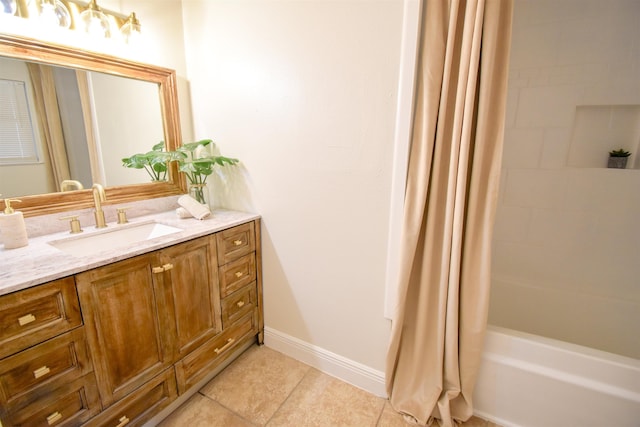 bathroom featuring vanity, shower / bath combo, and tile patterned flooring