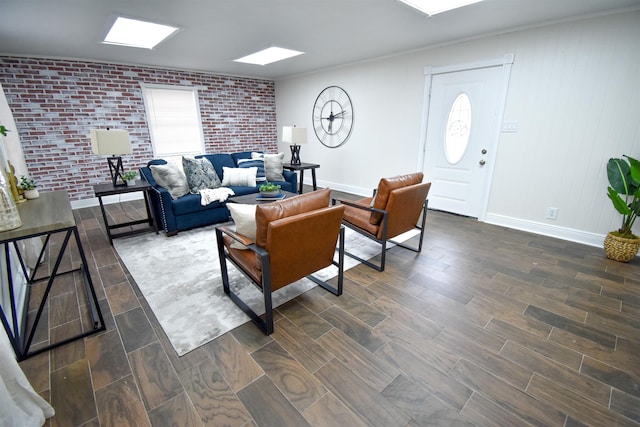 living room with brick wall