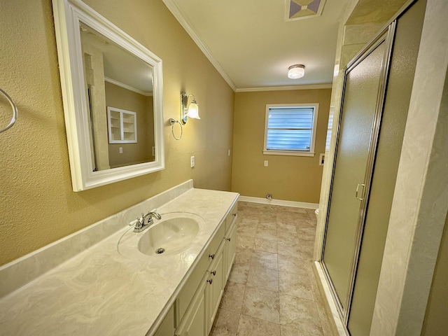 bathroom with tile patterned flooring, vanity, an enclosed shower, and ornamental molding