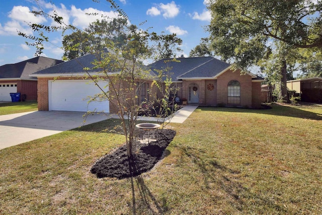 ranch-style home with a front lawn and a garage