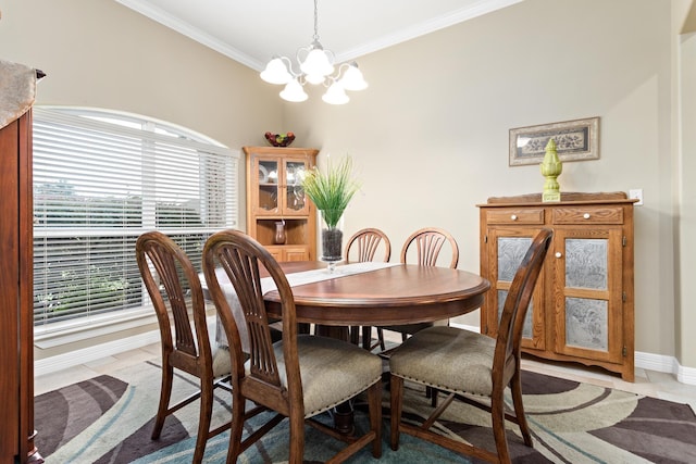 tiled dining room with ornamental molding and an inviting chandelier