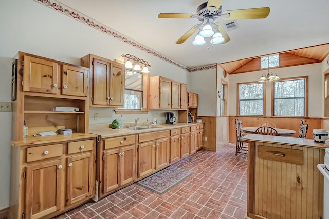 kitchen with decorative light fixtures, sink, plenty of natural light, and wood walls