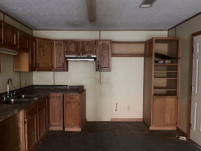 kitchen with under cabinet range hood, a sink, a textured ceiling, dark tile patterned flooring, and dark countertops