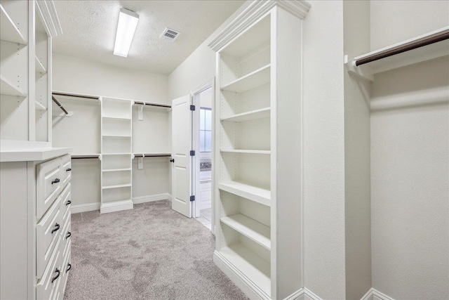 spacious closet featuring light colored carpet