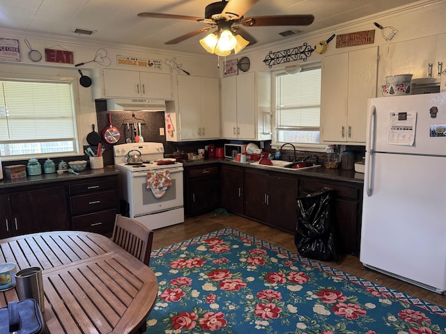 kitchen with dark brown cabinetry, sink, white cabinetry, ornamental molding, and white appliances