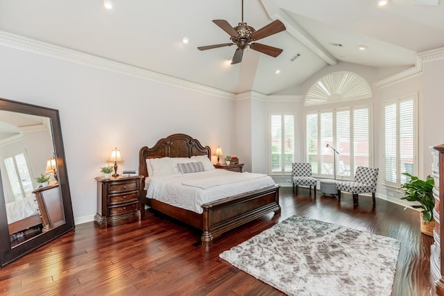 bedroom with crown molding, ceiling fan, dark hardwood / wood-style flooring, and lofted ceiling with beams