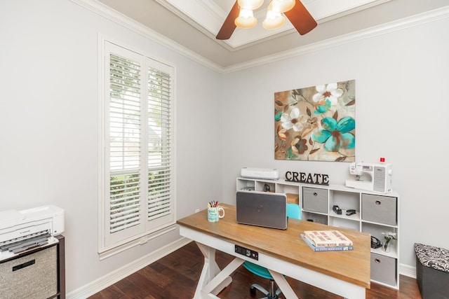 office with ceiling fan, crown molding, a wealth of natural light, and dark wood-type flooring