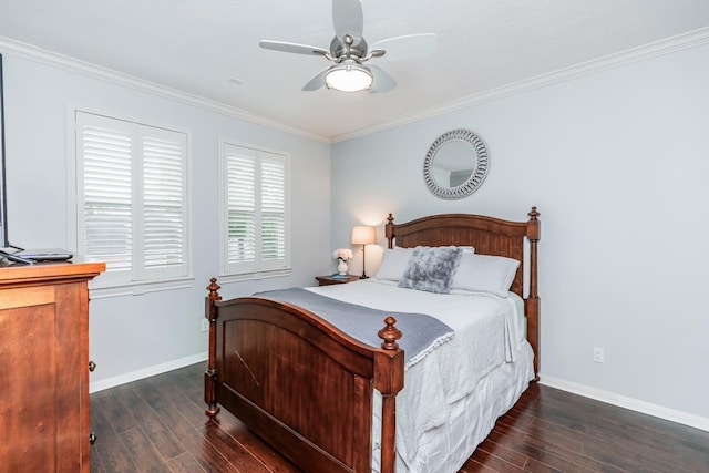 bedroom with ceiling fan, dark wood-type flooring, and ornamental molding