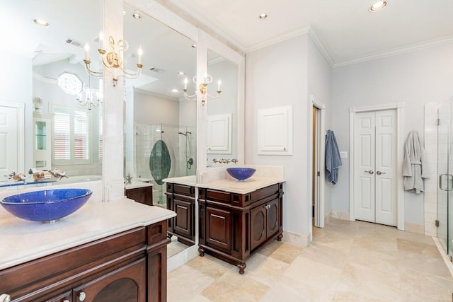 bathroom featuring vanity, separate shower and tub, ornamental molding, and a notable chandelier