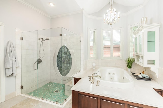 bathroom with crown molding, tile patterned flooring, independent shower and bath, and a notable chandelier