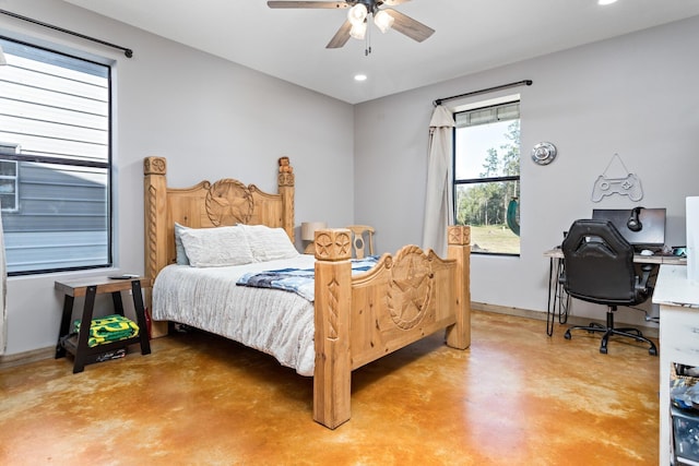 bedroom with concrete floors and ceiling fan