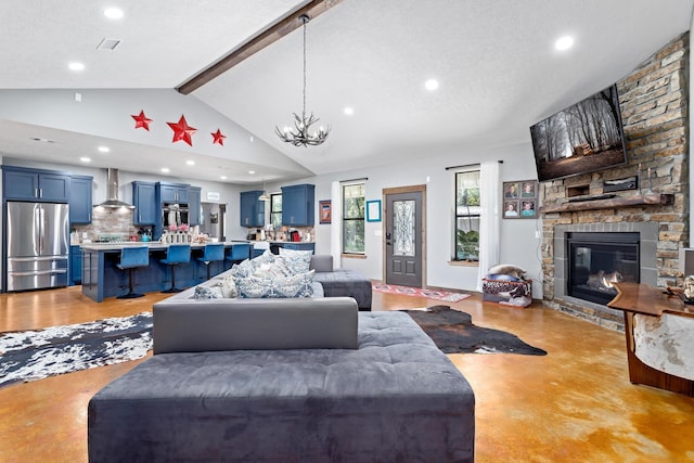 living room featuring high vaulted ceiling, an inviting chandelier, a textured ceiling, a fireplace, and beamed ceiling