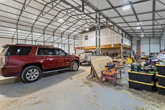 garage with a workshop area