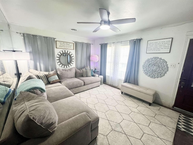 living room with ceiling fan