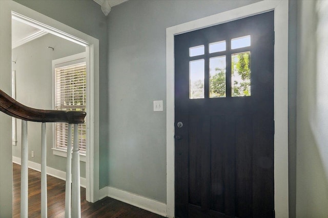 foyer featuring plenty of natural light, dark hardwood / wood-style floors, and ornamental molding