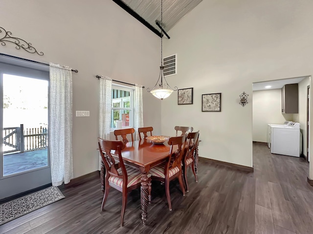 dining area with washer and dryer, dark hardwood / wood-style flooring, wooden ceiling, and high vaulted ceiling