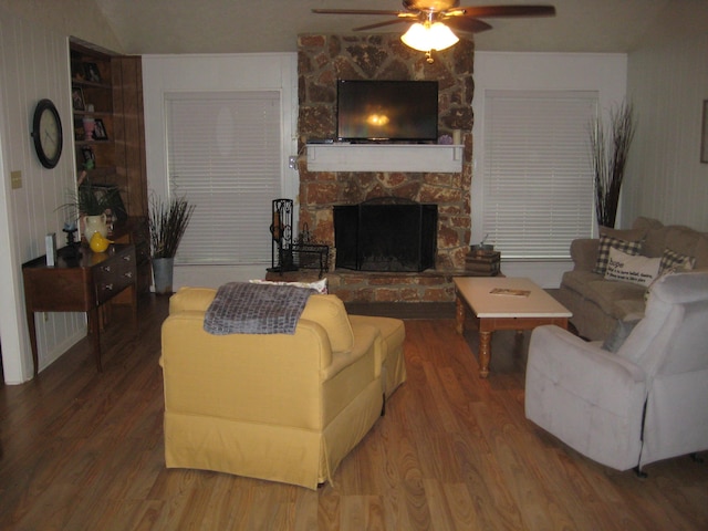 101 Locust Ln, Village Mills, TX 77663 - living room with ceiling fan, wood finished floors, and a fireplace