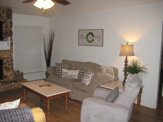 101 Locust Ln, Village Mills, TX 77663 - living area featuring wood finished floors, ceiling fan, lofted ceiling, and a stone fireplace