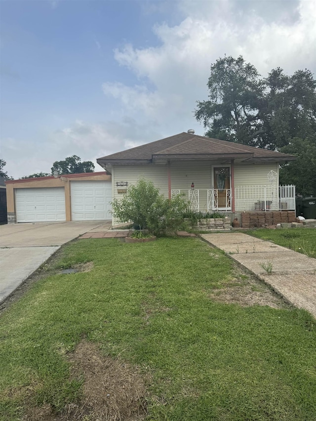 view of front of home with covered porch, a front yard, and a garage