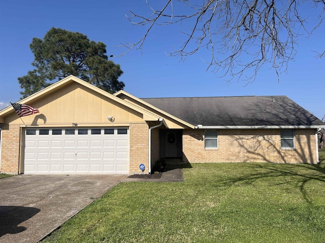 single story home featuring a garage, brick siding, concrete driveway, and a front lawn