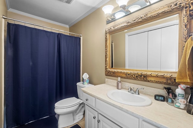 bathroom featuring toilet, vanity, crown molding, and curtained shower