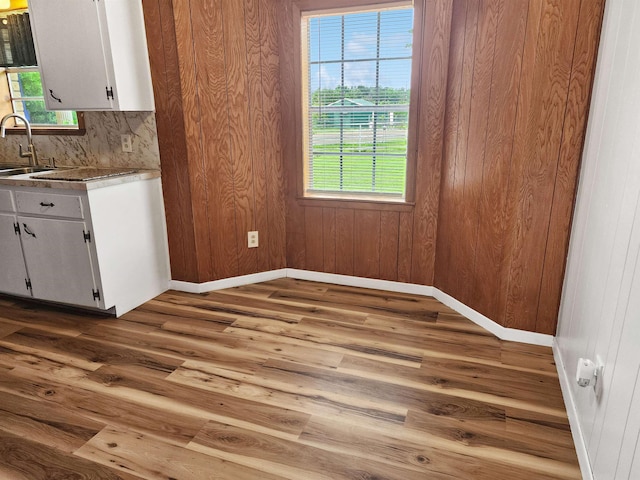 4296 W US Highway 190, Jasper, TX 75951 - unfurnished dining area featuring wood finished floors, a sink, plenty of natural light, baseboards, and wood walls