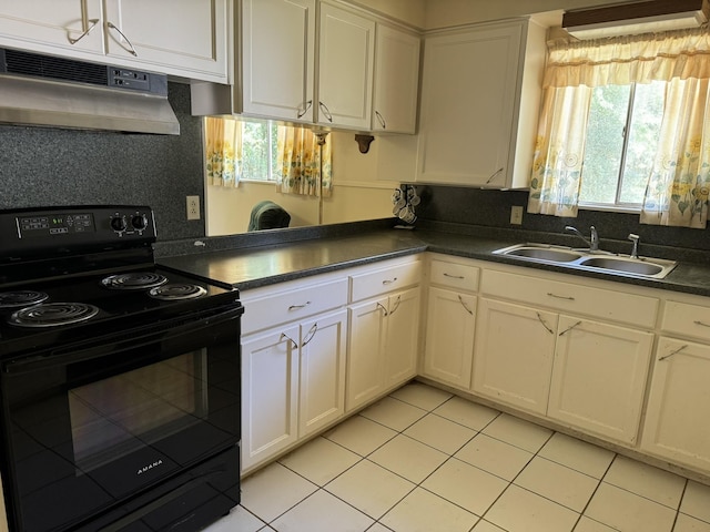 kitchen featuring sink, white cabinets, exhaust hood, and black range with electric cooktop