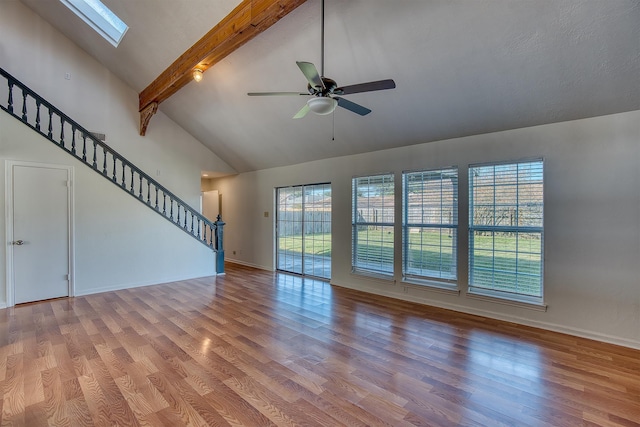 unfurnished living room featuring ceiling fan, wood-type flooring, and a healthy amount of sunlight