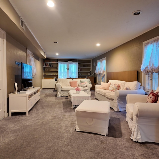 carpeted living room with built in features