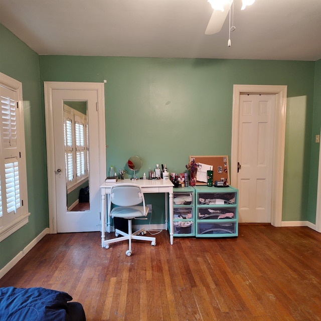 office area featuring hardwood / wood-style flooring and ceiling fan