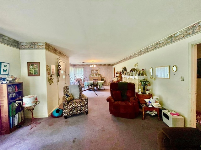 living area featuring carpet flooring