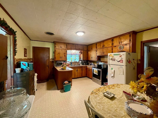 kitchen with sink, crown molding, and stainless steel appliances