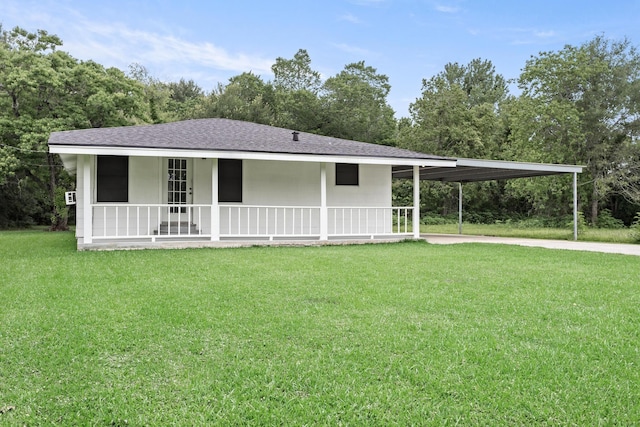 2445 Granger Dr, Bridge City, TX 77611 - view of front facade with an attached carport, a front lawn, roof with shingles, concrete driveway, and a porch