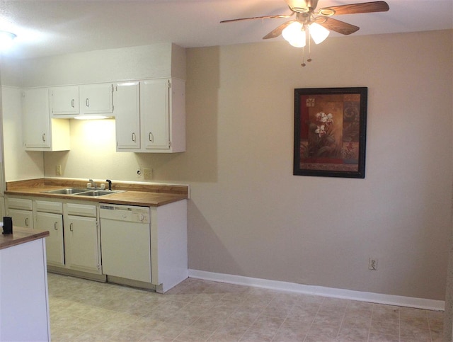 8642 Glen Meadow Ln, Beaumont, TX 77706 - kitchen featuring a sink, baseboards, white cabinetry, a ceiling fan, and dishwasher