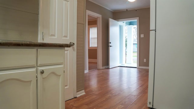 corridor featuring crown molding and light hardwood / wood-style floors