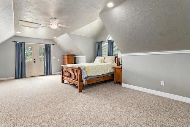 5320 Manion Way, Lumberton, TX 77657 - bedroom with access to outside, lofted ceiling, light carpet, a textured ceiling, and a ceiling fan
