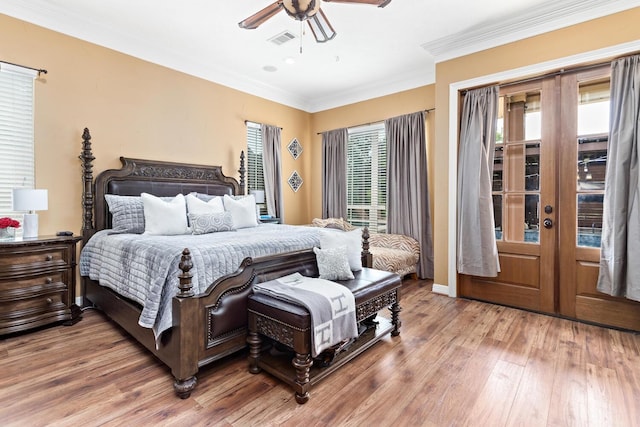 5320 Manion Way, Lumberton, TX 77657 - bedroom featuring light wood finished floors, crown molding, access to outside, and ceiling fan