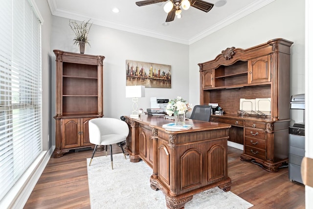 5320 Manion Way, Lumberton, TX 77657 - office area featuring dark wood-style flooring, ceiling fan, crown molding, and recessed lighting