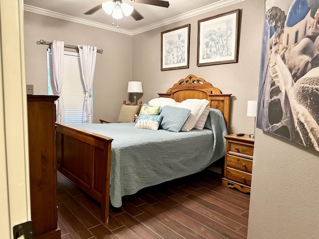 bedroom featuring ceiling fan and crown molding