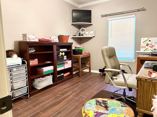 office area with dark hardwood / wood-style floors and crown molding