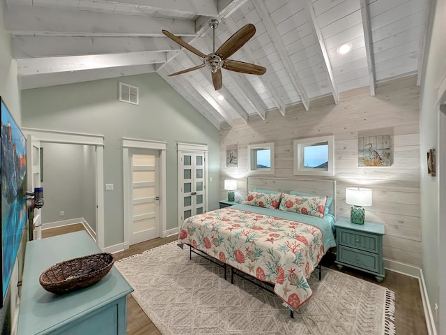 bedroom with hardwood / wood-style floors, wood walls, high vaulted ceiling, ceiling fan, and beam ceiling