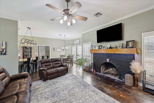 265 Callie Ln, Orange, TX 77632 - living area featuring a fireplace, ceiling fan, wood finished floors, crown molding, and a chandelier