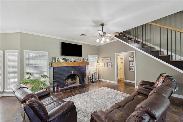 265 Callie Ln, Orange, TX 77632 - living room featuring baseboards, ceiling fan, concrete flooring, stairway, and ornamental molding
