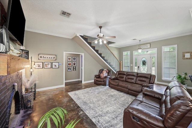 265 Callie Ln, Orange, TX 77632 - living room with finished concrete floors, baseboards, stairs, ornamental molding, and ceiling fan