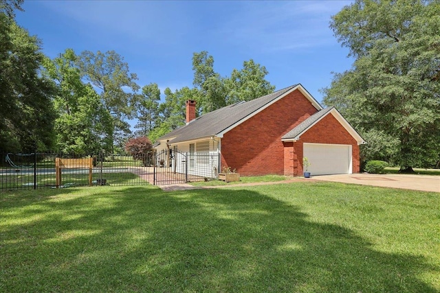 265 Callie Ln, Orange, TX 77632 - view of side of home featuring driveway, an attached garage, a chimney, and brick siding