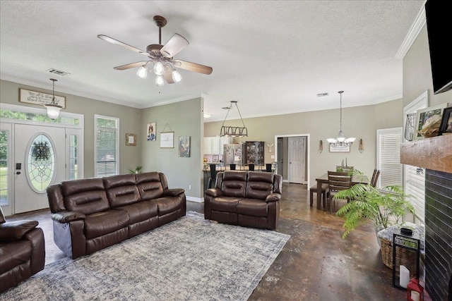 265 Callie Ln, Orange, TX 77632 - living room with a textured ceiling, a chandelier, ceiling fan, crown molding, and baseboards
