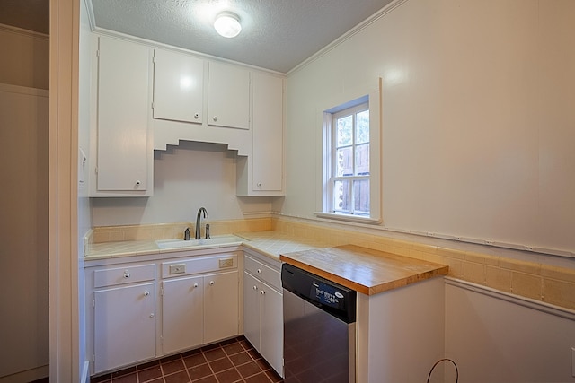 kitchen featuring white cabinetry, dishwasher, a textured ceiling, and sink