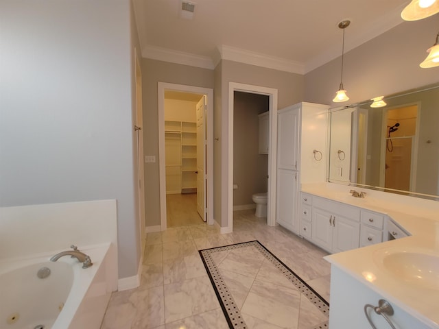 full bathroom with ornamental molding, toilet, vanity, and shower with separate bathtub