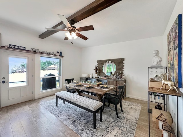 dining area with ceiling fan, beam ceiling, light wood-style flooring, and baseboards